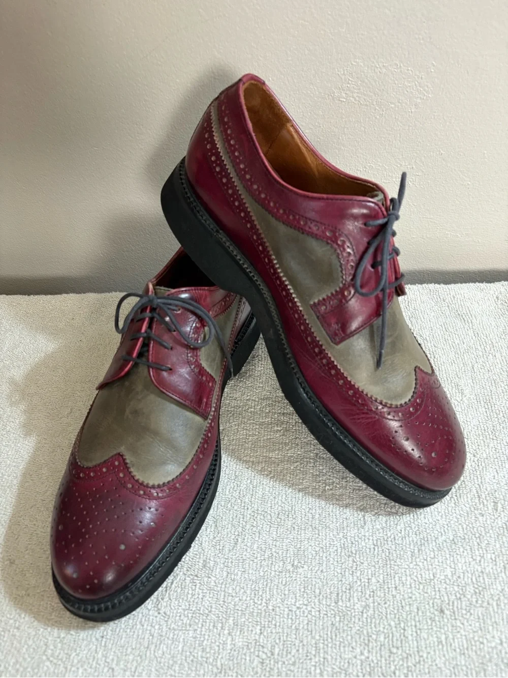 Men's EREDI GRILLI ROMA Burgundy & Grey Leather WINGTIP Derby OXFORDS Shoes  11